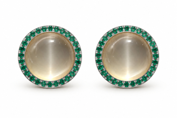 CUFFLINKS  ROUND SIXTY Cat's Eye with Emeralds boarded
