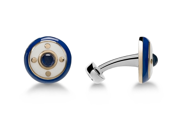 GEMELLI CERCHIO ORO SMALTO BLU BIANCO E ZAFFIRI