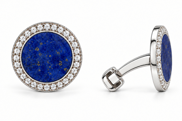 CUFFLINKS ROUND SISXTY DIAMONDS WITH LAPIS 