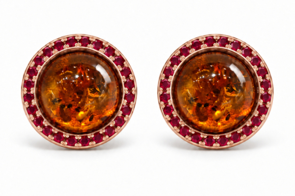 CUFFLINKS ROUND SIXTY GOLD9K WITH RUBIES AND AMBER