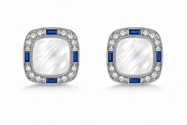 MOTHER OF PEARL SQUARE WITH WHITE DIAMONDS AND SAPPHIRES BAGUETTE  