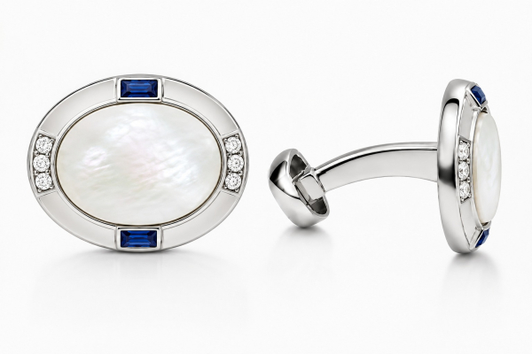 CUFFLINKS OVAL WITH MOTHER OF PEARL - SAPPHIRES BAGUETTE AND WHITE DIAMONDS